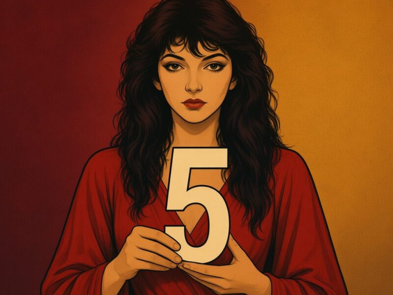 Illustrated Kate Bush holding a large number 5