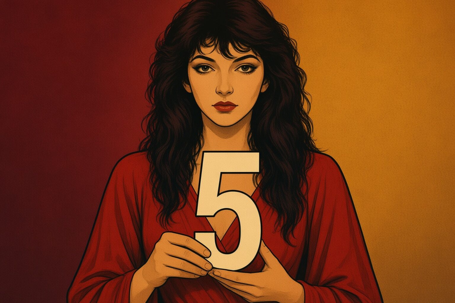 Illustrated Kate Bush holding a large number 5