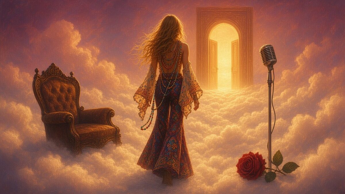 Illustration afterlife : Janis Joplin de dos, devant une porte dorée dans les nuages