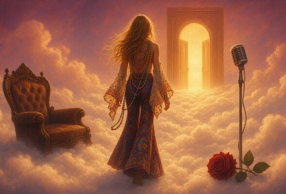Illustration afterlife : Janis Joplin de dos, devant une porte dorée dans les nuages