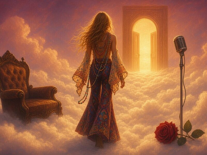 Illustration afterlife : Janis Joplin de dos, devant une porte dorée dans les nuages