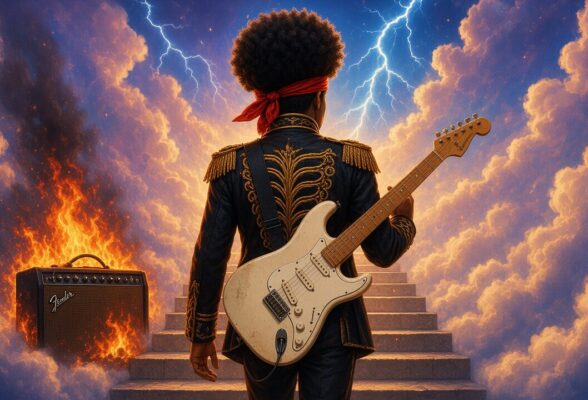 Illustration afterlife : Jimi Hendrix de dos, guitare et escalier dans les nuages