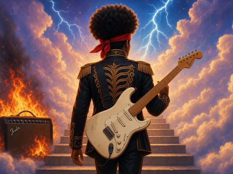 Illustration afterlife : Jimi Hendrix de dos, guitare et escalier dans les nuages