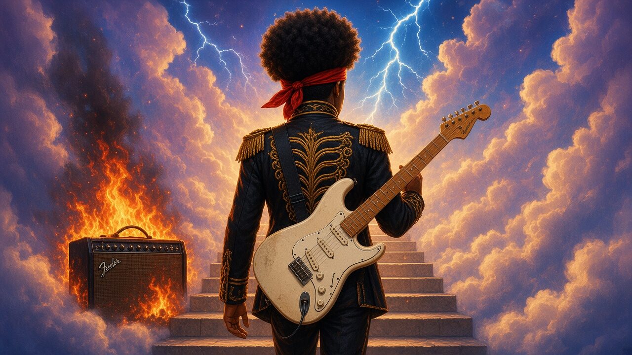 Illustration afterlife : Jimi Hendrix de dos, guitare et escalier dans les nuages